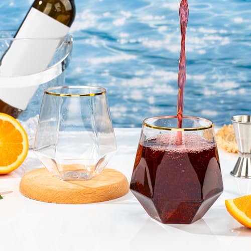 40PCS 12oz Disposable Stemless Plastic Wine Glasses with Gold Rim
