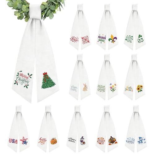 12 Pcs Seasonal Wreath Sash Embroidery Ribbon for Front Door Decor