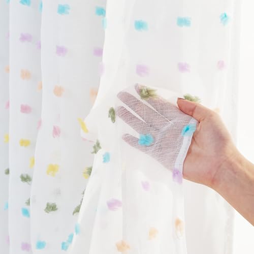 Rainbow Pom Pom Blackout Curtains, Double Layer Tulle Window Drapes, 52x84