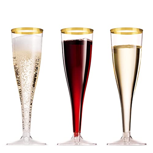 Gold Rim Disposable Plastic Champagne Flutes 5 Oz Pack of 100 - Elegant Partyware