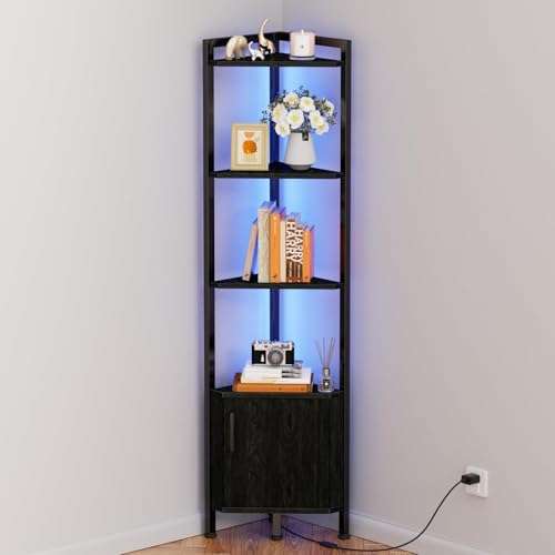 5-Tier Corner Bookshelf with LED Lighting and Storage Cabinet, 62.8-Inch Tall