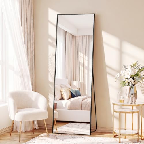 Full Length Standing Mirror - 56" x 15" Black Aluminum Frame Floor Mirror