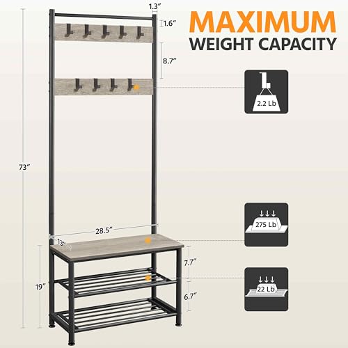3-in-1 Hall Tree with Storage Bench, Shoe Rack, and 9 Movable Hooks, Gray