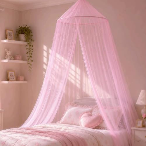 Pink Round Dome Bed Canopy for Girls - Breathable Mosquito Netting