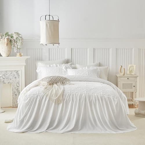 Queen White Ruffle Skirt Bedspread Set - 3-Piece Vintage Boho Quilt Coverlet