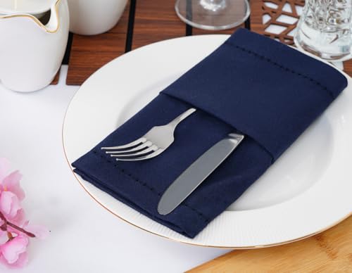 Navy Blue Hemstitch Cotton Dinner Napkins 18x18 Inches, Set of 12