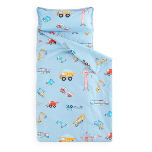 Toddler Nap Mat with Pillow and Blanket - 100% Cotton, Cars and Trucks Print