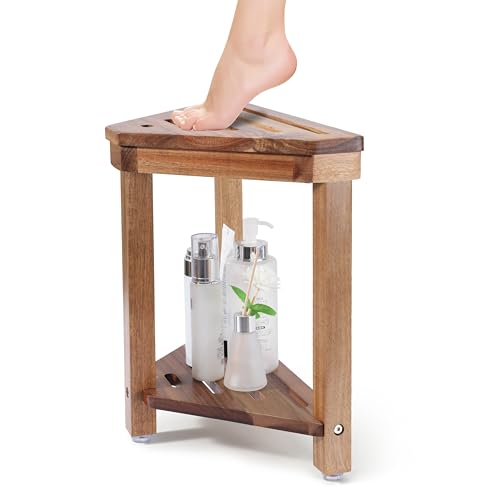 Acacia Wood Corner Shower Stool for Shaving with Storage Shelf, 15-Inch