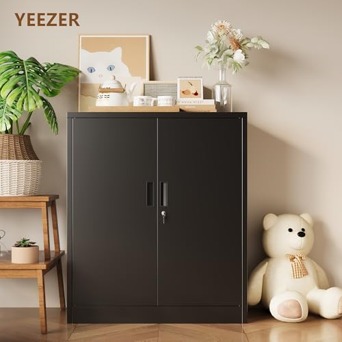 36-Inch Metal Locking Storage Cabinet with 2 Adjustable Shelves, Black