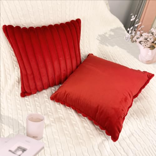 Faux Fur Velvet Throw Pillow Covers 18x18 - Set of 2 Soft Red Cushion Cases