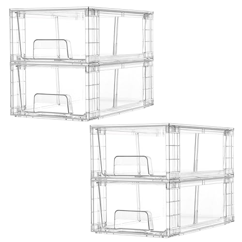Clear Stackable Storage Drawers with Dividers 4-Pack