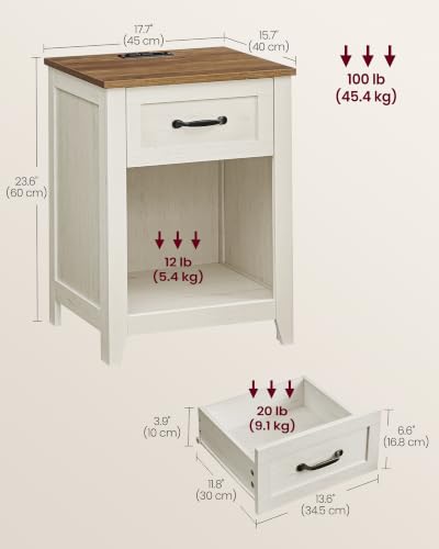Farmhouse Nightstands with Charging Station, Set of 2 Bedside Tables