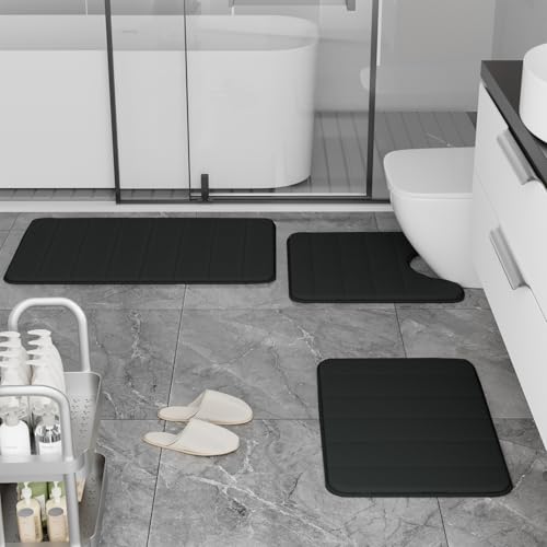 RUN HELIX 3-Piece Memory Foam Bathroom Rug Set Non-Slip Black