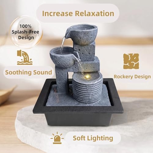 Tabletop Water Fountain - 3-Tier Indoor Waterfall with LED Light & Quiet Pump