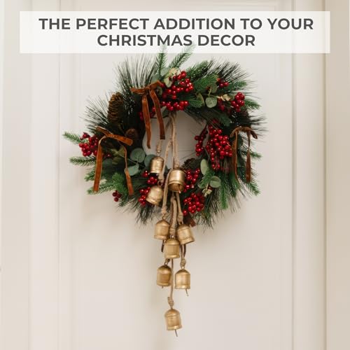 Rustic Gold Christmas Bell Ornaments Set with Velvet Bows - Holiday Decor