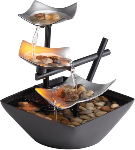 3-Tier Indoor Tabletop Water Fountain with Warm LED Light & River Stones