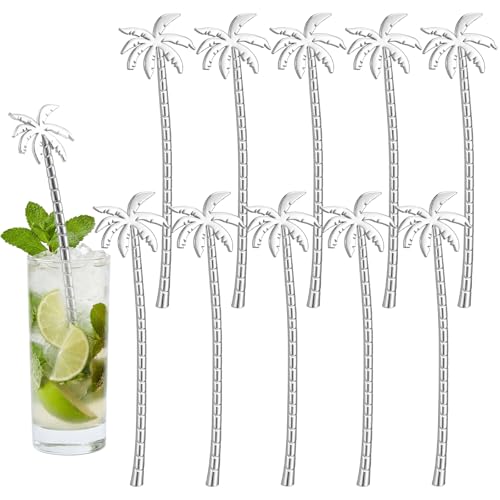 LemonRoad 10 Pcs Coconut Palm Stainless Steel Coffee Stir Sticks Reusable Cocktail & Beverage Stirrer Set