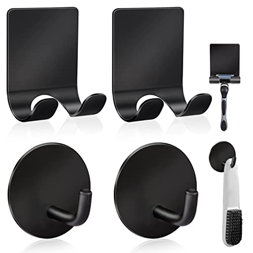 4-Pack Stainless Steel Adhesive Shower Razor Holder and Wall Hooks, Black
