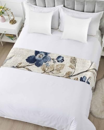 Cal King Bed Runner - Blue Gray Vintage Botanical Floral Satin Bed Scarf
