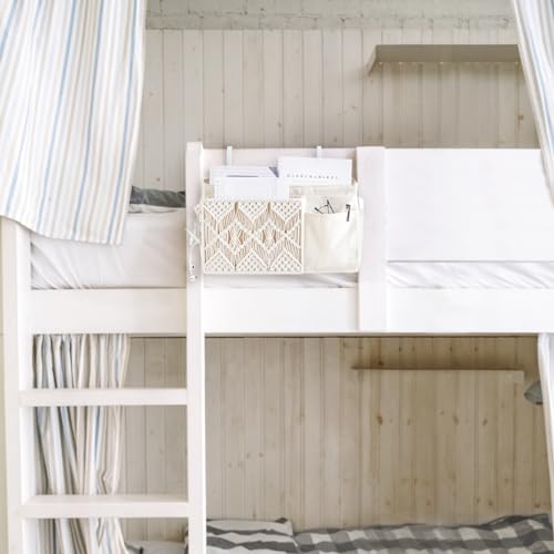 Macrame Bedside Hanging Organizer with 4 Pockets and Metal Hooks
