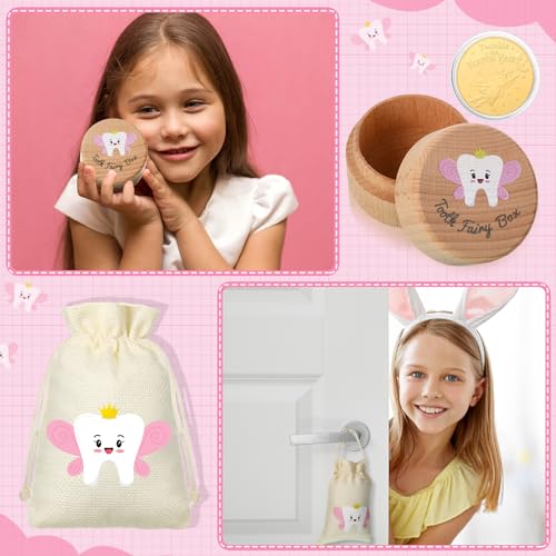3-Piece Pink Tooth Fairy Kit - Wooden Keepsake Box, Pouch & Gold Coin