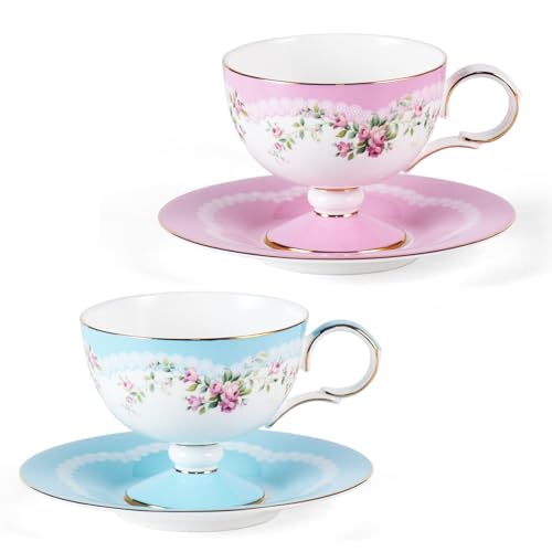 Pink Floral Ceramic Tea Cups Set of 2 with Saucers – Elegant KAMMAK Demitasse Cups