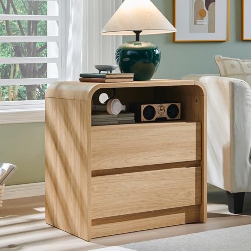 Modern Curved Wood Nightstand with 2 Drawers and Charging Station