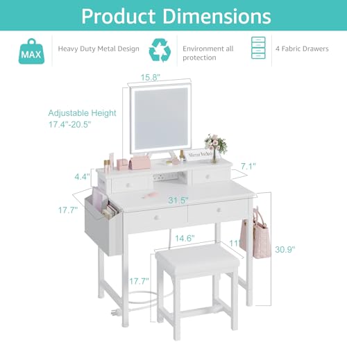 Makeup Vanity Desk with LED Mirror, Power Outlet, and Stool