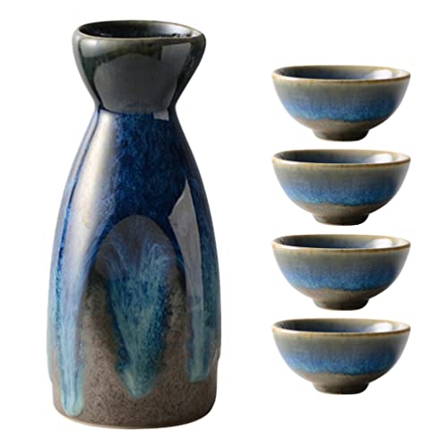 Japanese Ceramic Sake Set with Bottle and 4 Cups - Traditional Tokkuri & Ochoko