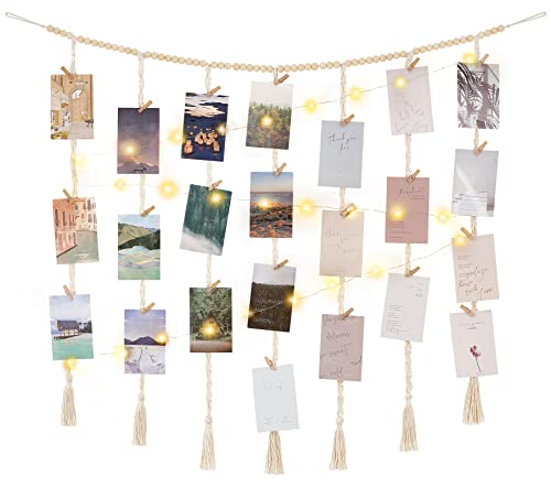 Macrame Hanging Photo Display with LED String Lights and 45 Clips