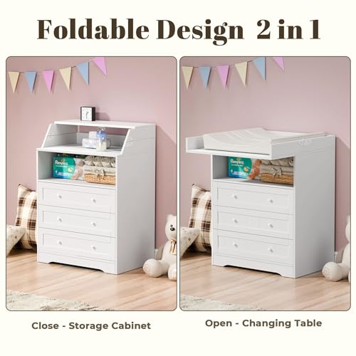 Foldable Baby Changing Table with 3 Drawers and Open Storage, White