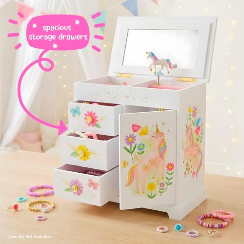Unicorn Musical Jewelry Box for Girls with Drawers and Floral Design