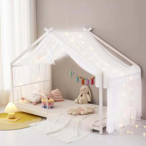 White Sheer Voile Bed Canopy Curtains with Star Lights for Kids House Beds