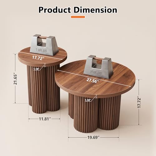 Round Nesting Coffee Table Set of 2, Fluted Wooden Tables for Small Spaces