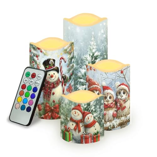 Cute Snowman Owl Flickering Flameless Candles with Remote - Battery LED Pillar Candles (4 Sizes)