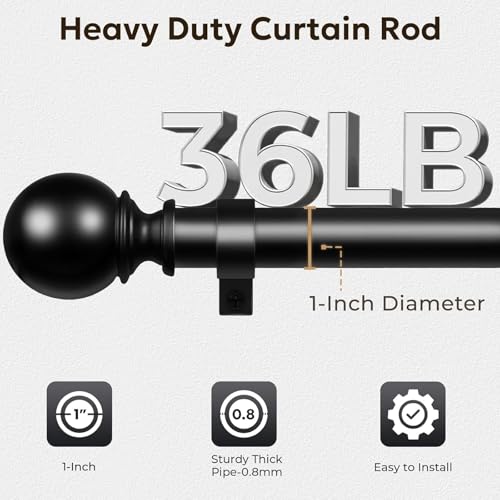 1-Inch Heavy Duty Adjustable Curtain Rod (32"-86") with Ball Finials - Black