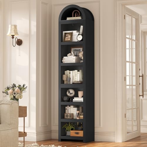 UPOSOJA Black Narrow 76-Inch Arched Bookcase with Adjustable Shelves - Modern Storage