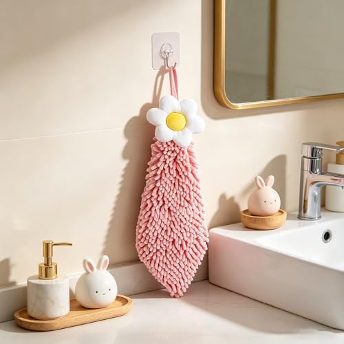 Flower Chenille Hand Towel with Hanging Loop - Quick Dry Kitchen Towel