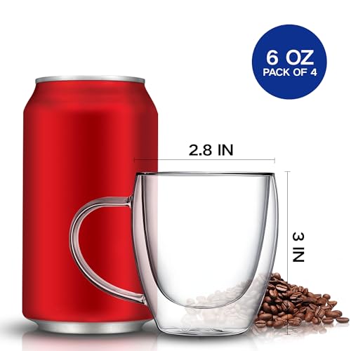 YMMIND 6oz Set of 4 Double Walled Glass Coffee Mugs with Handles - Insulated Borosilicate Espresso Cups for Hot Beverages