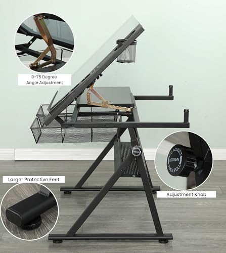 Height Adjustable Drafting Table with Stool and Tilting Glass Top