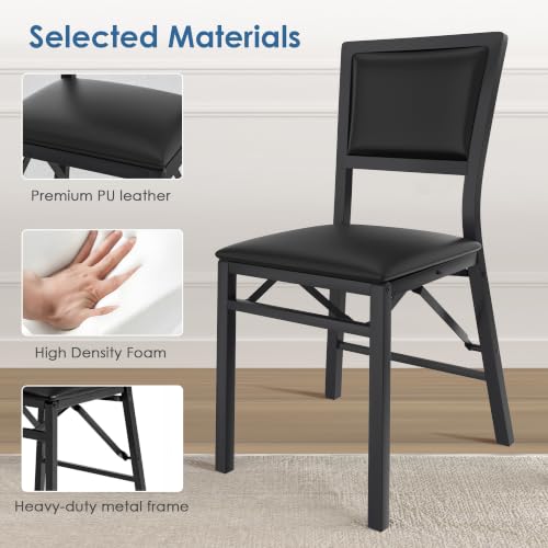 Set of 4 Padded Folding Dining Chairs with Metal Frame, Black PU Leather