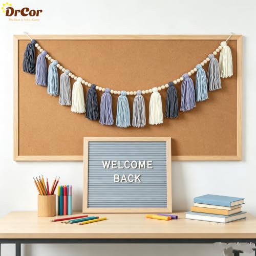 Dusty Blue Tassel Garland with Wood Beads - 35-Inch Boho Wall Decor