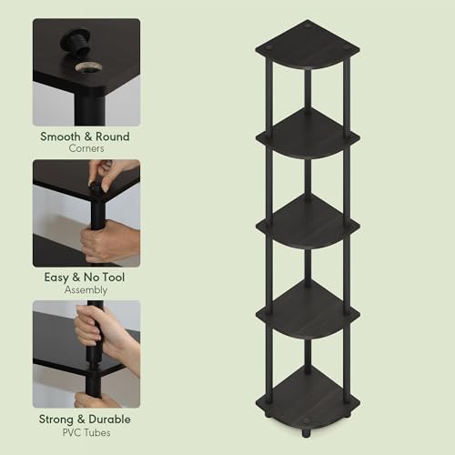 5-Tier Corner Shelf Unit, Open Display Bookshelf for Small Spaces, Black Espresso
