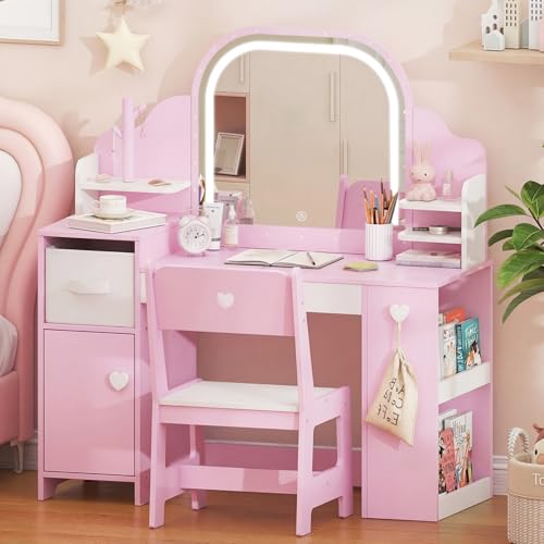 Kids Vanity Table and Chair Set with LED Lighted Mirror and Storage Cabinet