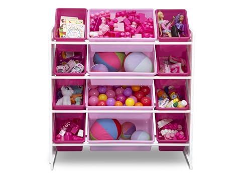 Kids Toy Storage Organizer with 12 Plastic Bins - White and Pink