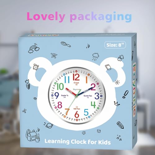 Kids Learning Wall Clock - 8 Inch Silent Non-Ticking Analog Teaching Clock