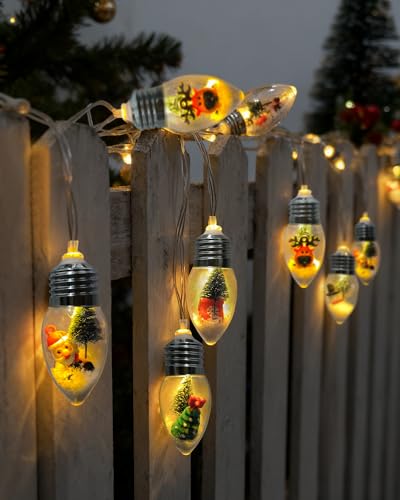 Vintage Christmas Snow Globe String Lights 6.8Ft Battery Operated 10 LED with 8 Modes & Timer - Christmas Elements with Christmas Tree