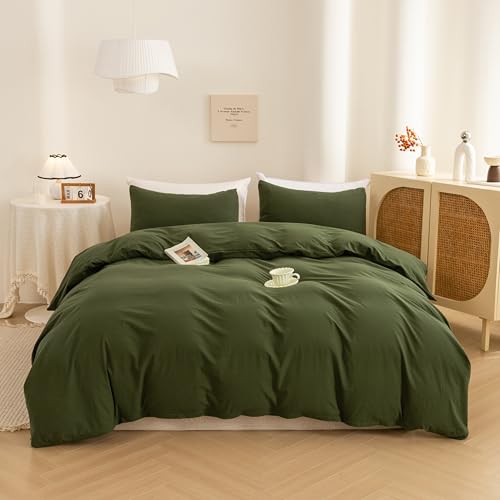 100% Washed Cotton Queen Duvet Cover Set - 3 Piece Bedding (Avocado Green)