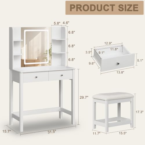 Small Vanity Desk with LED Mirror, 3-Color Lighting, Power Outlet & Stool
