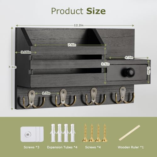Wall Mount Key and Mail Organizer with 8 Hooks, Drawer, and Shelf